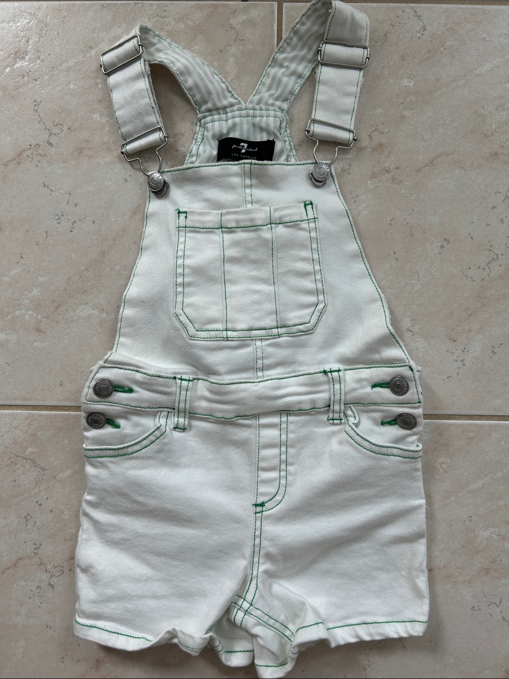 White Kids' Overall Shorts with Green Stitching